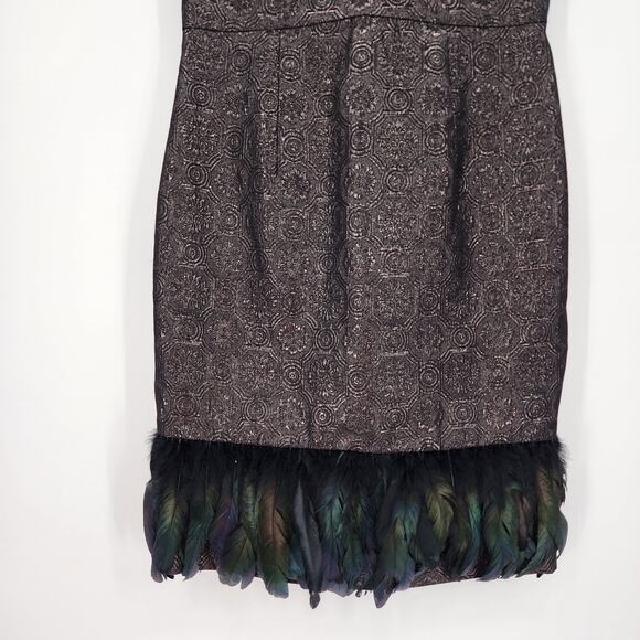 Badgley Mischka Feather Hem Cocktail Dress 10 Metallic Brocade Sleeveless Black - Picture 5 of 11